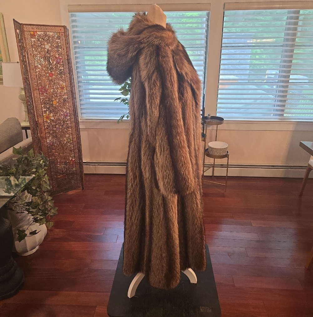 VTG 80s Genuine Hooded Racoon Fur Full Length Maxi Coat Mob Wife Glam Festival S - Picture 5 of 9